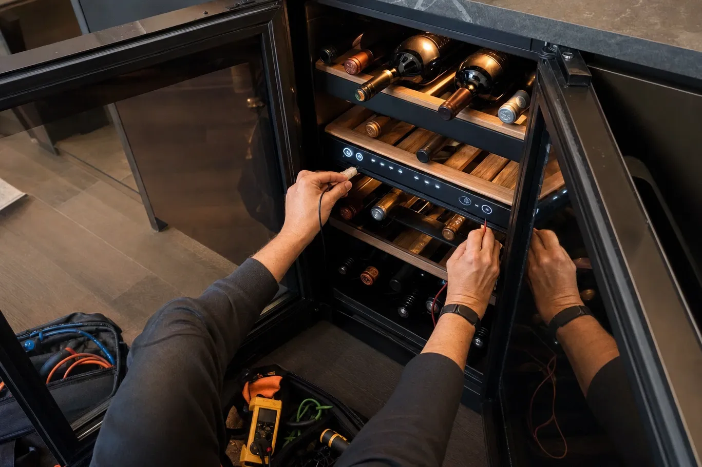 Hands holding meter leads at the lit control strip of an undercounter wine cooler, bottles on wooden racks above and below, an open tool bag on the floor