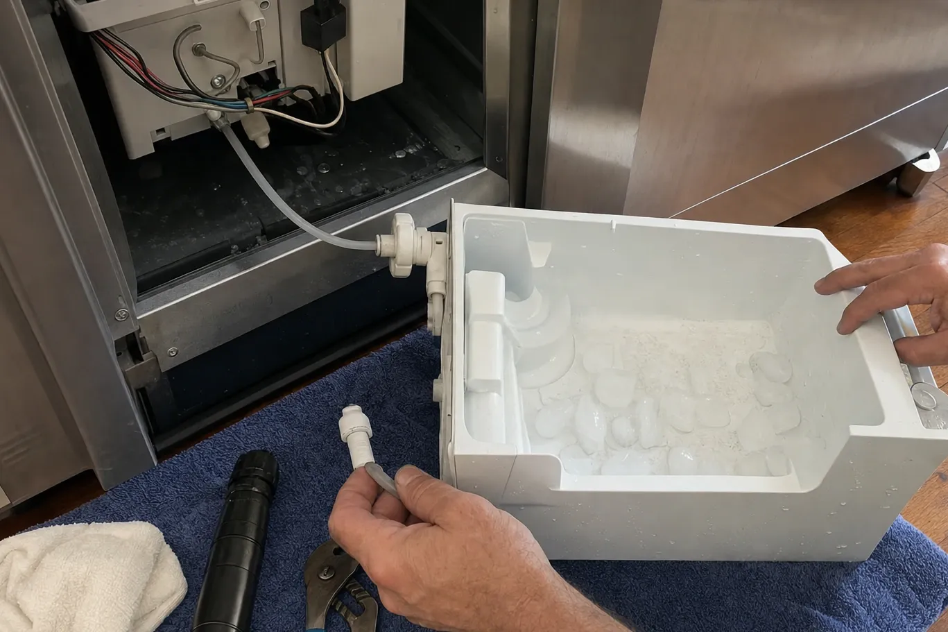 An ice storage bin part full of cubes lifted clear of an ice maker, the water valve, fill tube and wiring visible in the open machine behind it