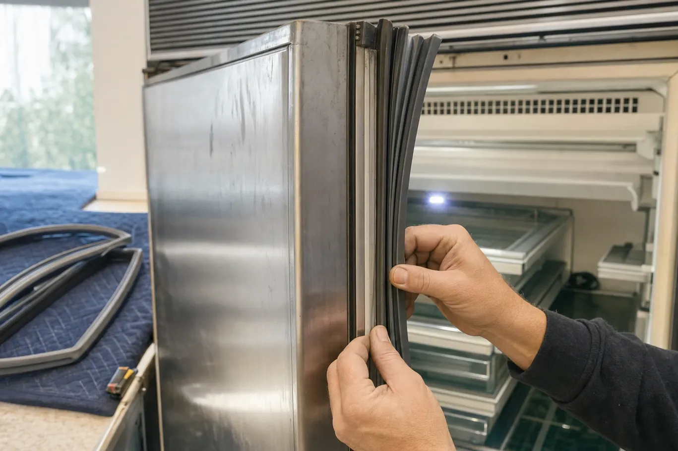 Hands drawing the magnetic gasket out of the channel along the edge of an open stainless refrigerator door, replacement gaskets coiled on a blanket nearby