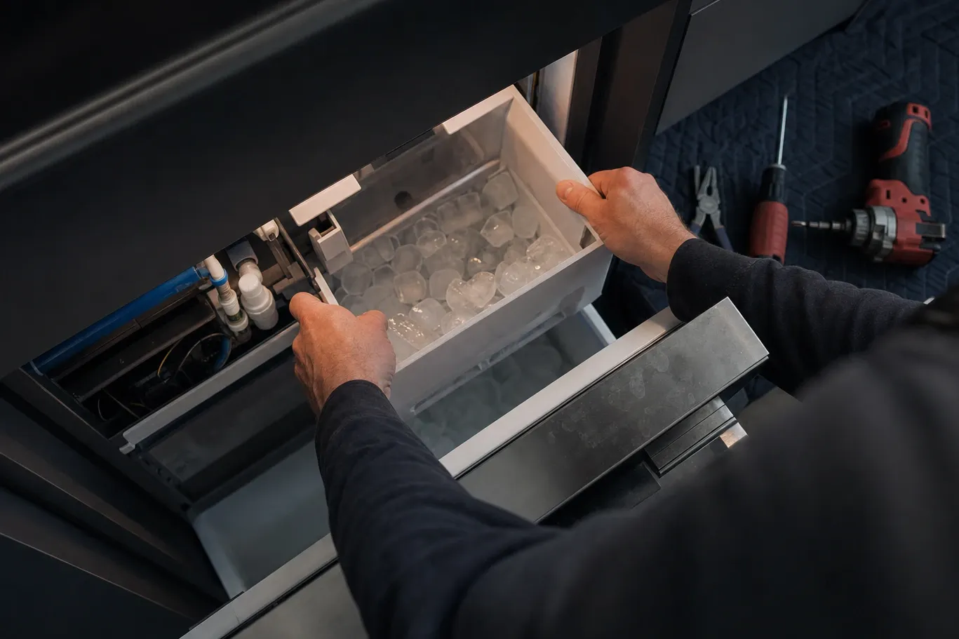 Overhead view of hands lifting the bin of cubes out of an open ice maker drawer, the blue supply line and its fittings visible in the bay