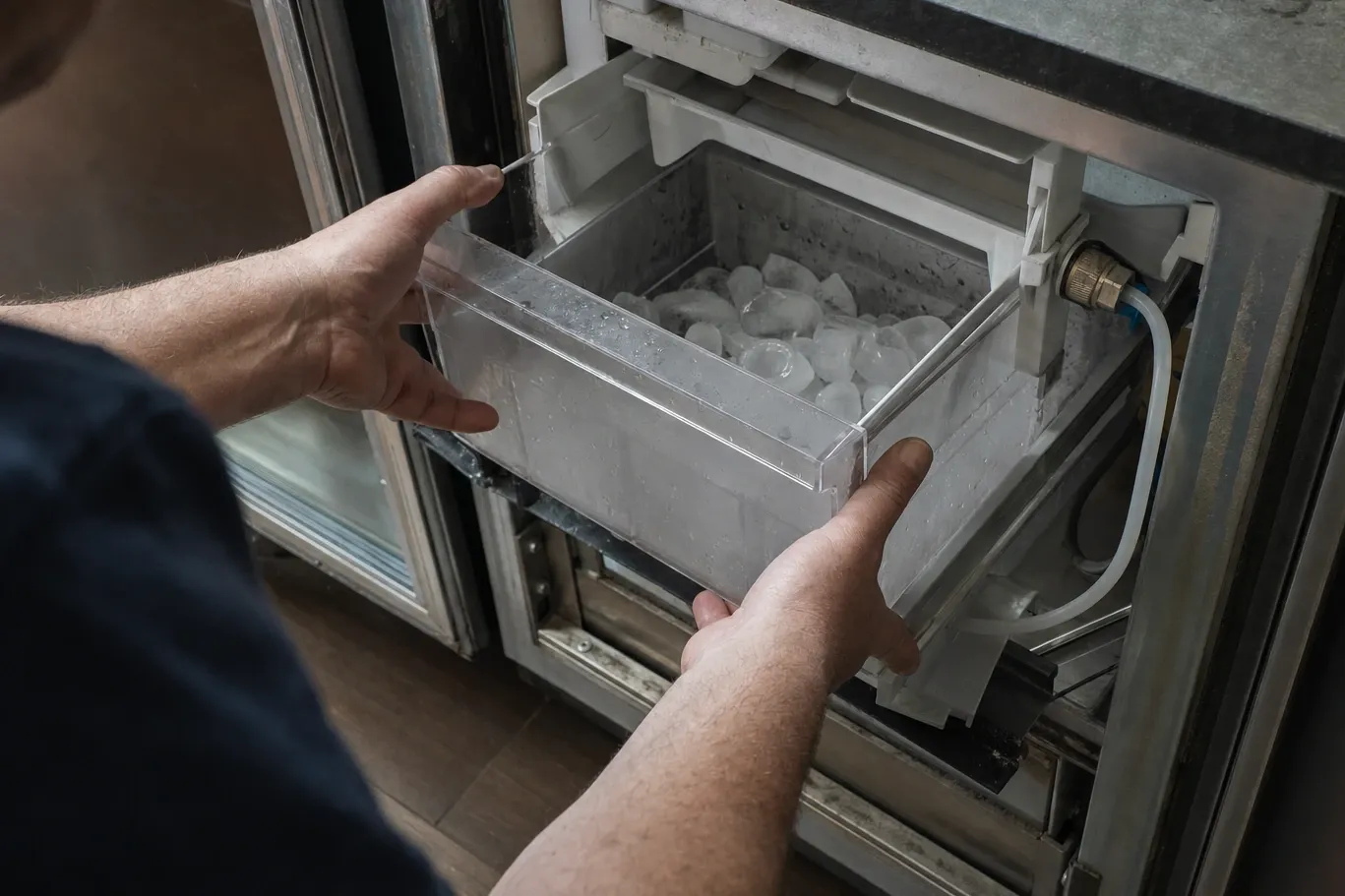 Hands lifting a clear plastic bin of ice cubes out of an ice maker compartment, a brass water fitting and looped supply tubing against the side of the bay