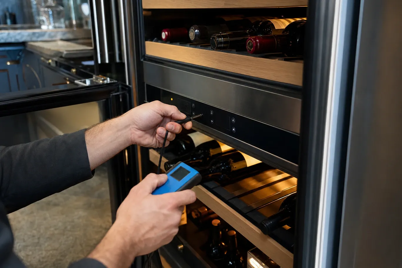 A thermometer probe held against the control strip of a wine column, the digital thermometer body in the other hand and bottles on wooden racks above and below